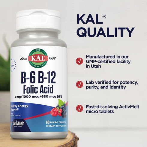 KAL Vitamin B-6, B-12 & Folic Acid Supplement, Heart Health, Energy Support, Natural Berry Flavor, 60 Servings