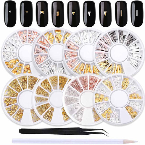 WOKOTO 8 Boxes 3D Geometry Metal Gold Nail Charms Set, Mix-Shape Nail Jewelry Decorations with 1pc Tweezers and Wax
