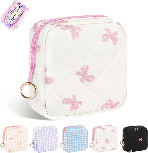 Period Bag for Teen Girls, Quilted Sanitary Napkin Storage Bag, Cute Bow