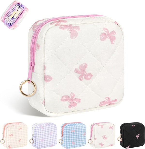 Period Bag for Teen Girls, Quilted Sanitary Napkin Storage Bag, Cute Bow