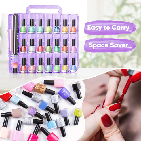 JIASHENG Nail Polish Organizer Case Holders - 48 Bottles Universal Storage Box with Adjustable Space Divider, Purple