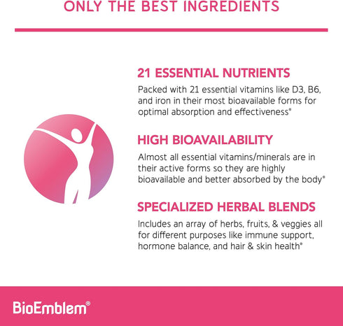 Immunity, B12, B6, D3, 90 BioEmblem Women's Multivitamin - Complete Daily Multi for Energy, Hair, Skin with Vitamin A