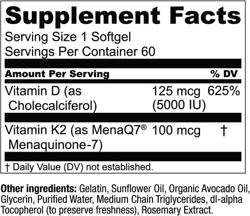 Live Conscious Vitamin K2 MK7 with D3 Supplement - 5000 IU Vitamin D3 & Patented Vitamin K - 60 Softgels for Bone &