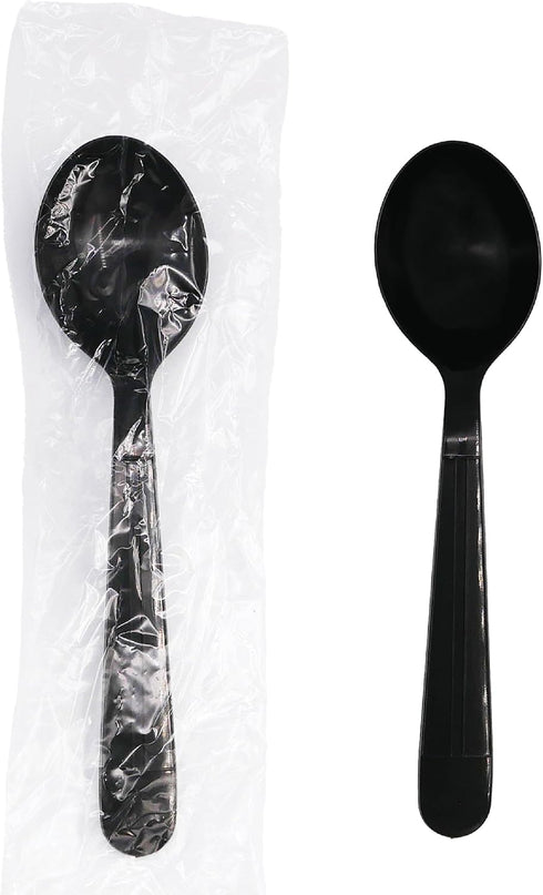 Party Essentials Individually Wrapped Heavy Duty Black Plastic Utensil Sets, 100 Sets, Includes Soup Spoon