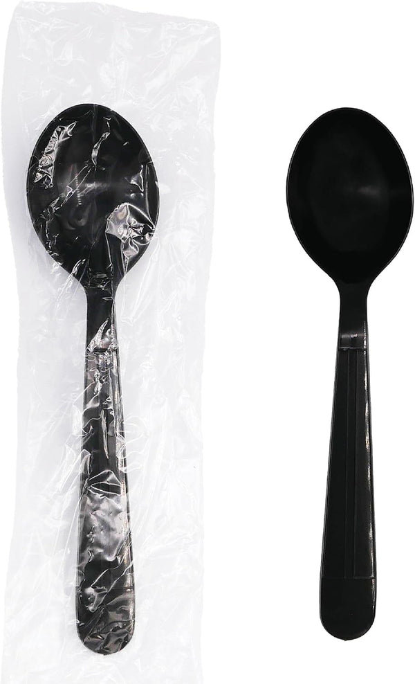 Party Essentials Individually Wrapped Heavy Duty Black Plastic Utensil Sets, 100 Sets, Includes Soup Spoon