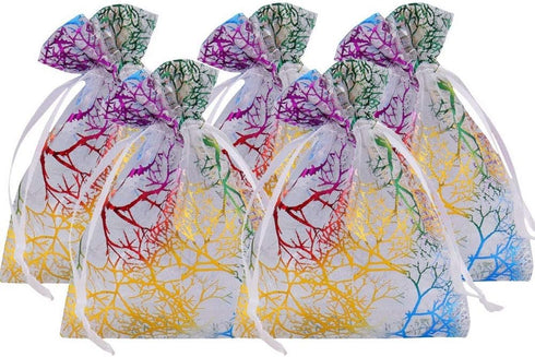 Tvoip 100Pcs Organza Drawstring Pouches, Coral Pattern Jewelry Packaging Bags (Mix) 4x6" (10x15cm)