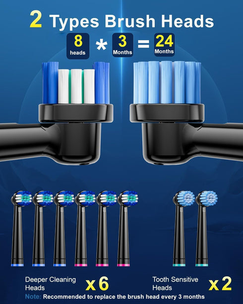 YAGEA 8 5 50-Day 3 R05(Black) Rotating Electric Toothbrush for Adults with Brush Heads, Travel Case, Modes Rechargeable