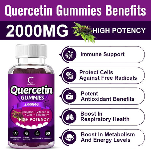 Quercetin Gummies - 60 Gummies (2 Pack) - Extra Strength Immune System Booster with Bromelain, Vitamin C, Zinc &