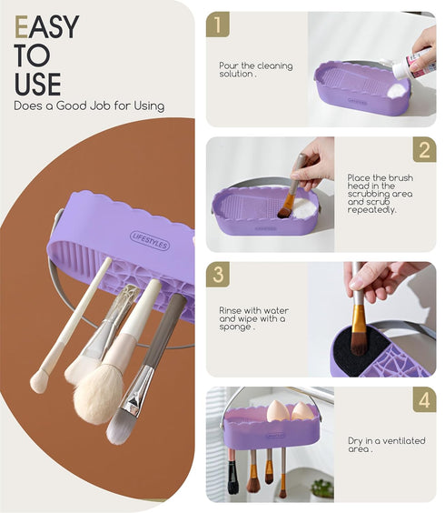 Makeup Brush Cleaning Tool with Drying Holder Mat, Makeup Sponge Cleaner Brushes Organizer Storage Box (Purple)