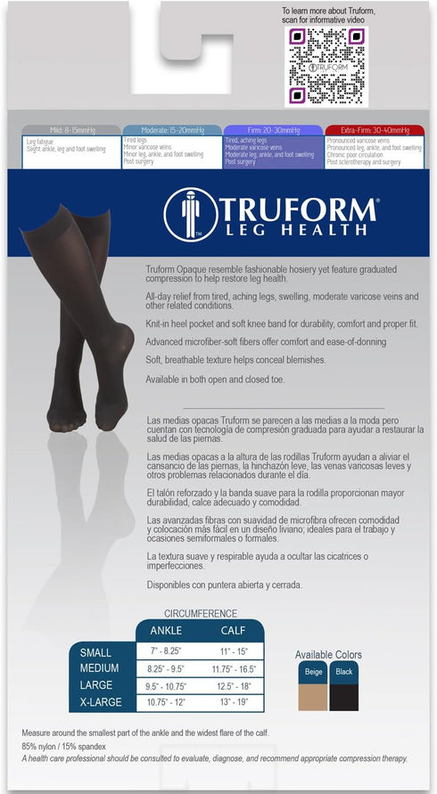 Truform Women's Compression Stockings - 20-30 mmHg, Knee High Length, Open Toe, Opaque, Beige, Large