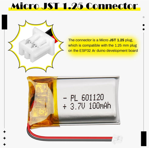 Qimoo 601120 3.7V 100mAh 1.25 LiPo Battery - Rechargeable Lithium Polymer Battery with Protection Board and Micro JST