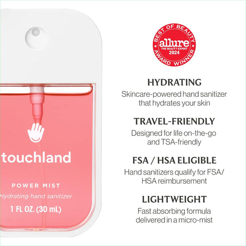 Set Touchland Sweet Rush Hydrating Vanilla Velvet Body & Hair Fragrance Mist and Wild Watermelon Hand Sanitizer Spray