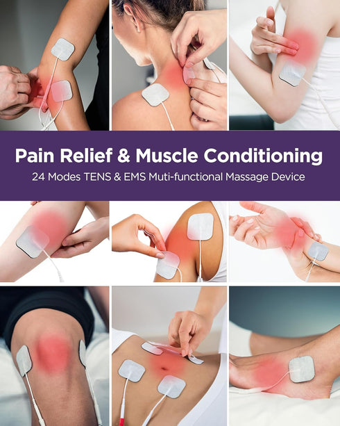 TENKER TENS Unit Muscle Stimulator, Rechargeable Electronic Pulse Massager with 24 Modes, 2"x2" and 2"x4" Electrode Pads
