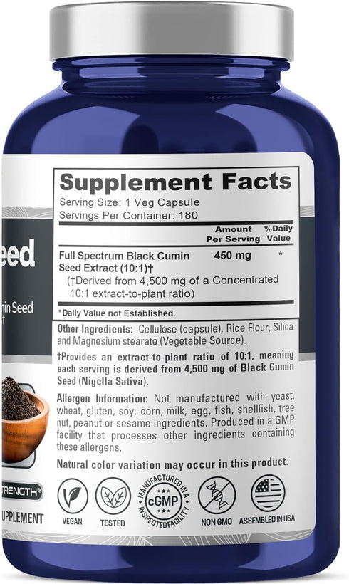 NusaPure Full Spectrum Black Cumin Seed 10:1 Extract - 450 mg Equivalent to 4,500mg, 180 Veggie Powder Caps