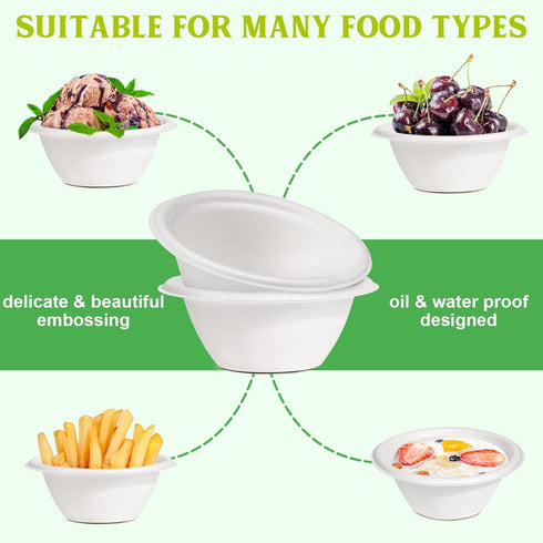 8 oz Small Disposable Bowls, 100 Pack Compostable Paper Bowls for Ice Cream, Snack, Biodegradable Made of White Bagasse