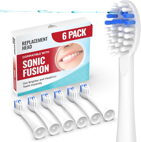 (6pk) Toothbrush Replacement Heads for Sonic Fusion 2.0 Waterpik & Flossing Toothbrush, DuPont Nylon Bristles