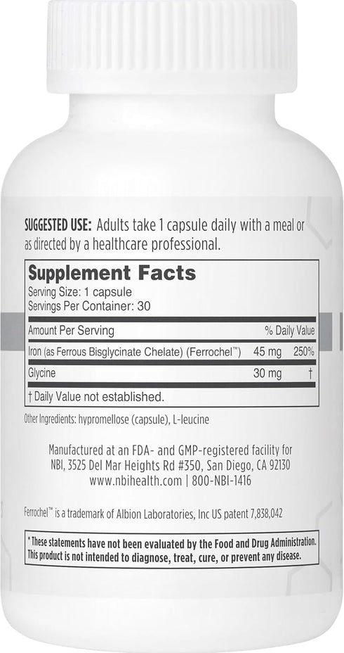 FerroSolve Best Absorption Iron Supplement, 45 mg, High Potency, GI Safe, 30ct Veggie Capsules