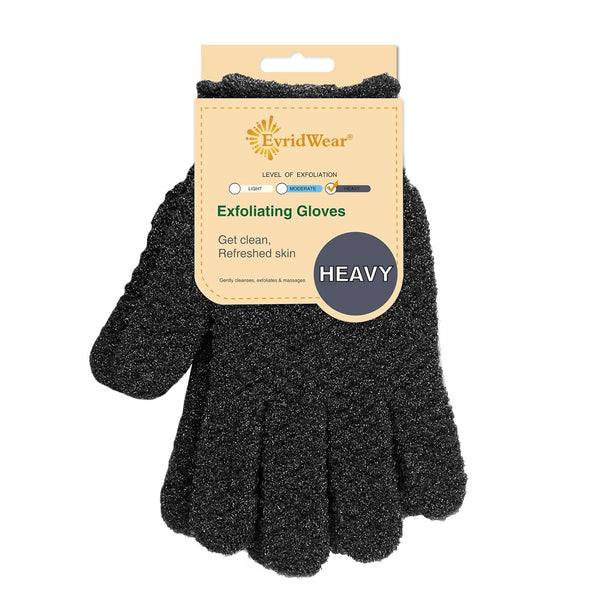 Evridwear Exfoliating Dual Texture Bath Gloves - 1 Pair Black Heavy Glove for Shower, Spa, Massage, Body Scrubs