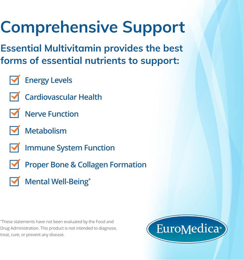 Euromedica Essential Multivitamin - 60 Tablets with Bioactive B Vitamins, Vitamin E, D3 & Chelated Minerals