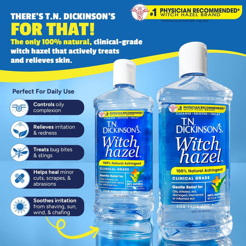 T.N. Dickinson's 100% Natural Witch Hazel Astringent | Pure, Fragrance Free | Cleanses & Soothes Skin | 8 Fl Oz