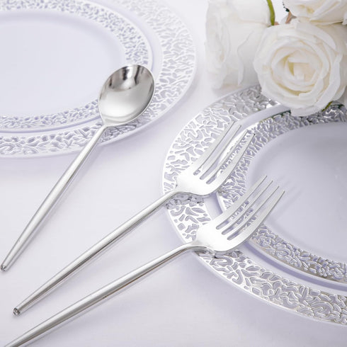 SUT 100 Pcs Silver Plastic Silverware, Disposable Forks and Spoons for Catering, Parties, Dinners