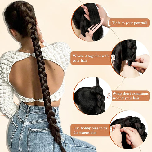 Long Braided Ponytail Extension - Dark Brown Straight Wrap Around Braid for Women Daily Wear (30 inch)