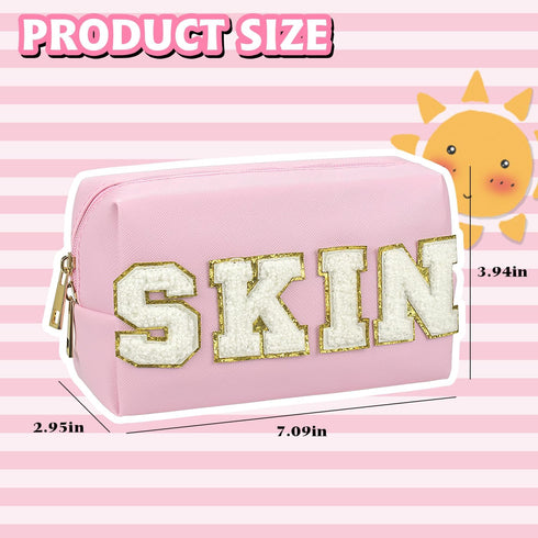 Preppy Patch Makeup Bag, PU Leather Portable Waterproof Preppy Cosmetic Bag With SKIN Chenille Letter, Daily Use Cute Travel Toiletry Bag for Women Girls(Pink)