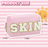 Preppy Patch Makeup Bag, PU Leather Portable Waterproof Preppy Cosmetic Bag With SKIN Chenille Letter, Daily Use Cute Travel Toiletry Bag for Women Girls(Pink)