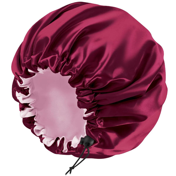 Satin Silk Bonnet for Curly Hair - Large Double-Layer Adjustable Braid Bonnet for Sleeping, Wine Red