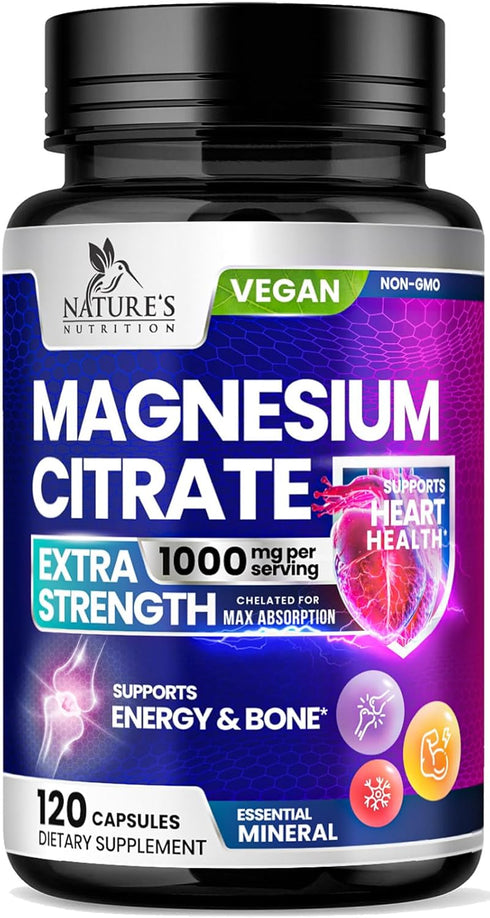 Magnesium Citrate Extra Strength 1000 mg - Chelated for Max Absorption, Non-GMO Magnesium Supplement for Muscle Health,