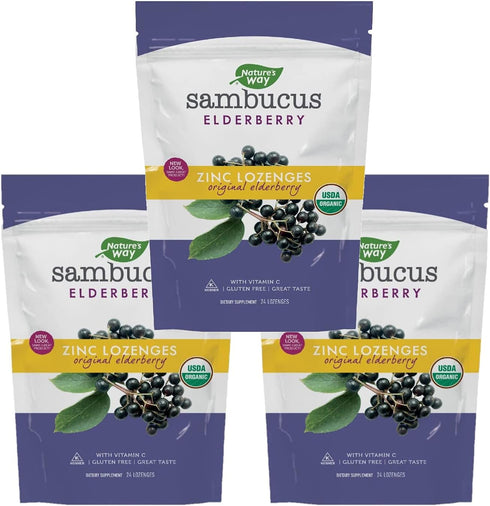Nature's Way Organic Sambucus Zinc Lozenges - With Elderberry & Vitamin C - Vegan & Gluten Free - 24 Lozenges (Pack of