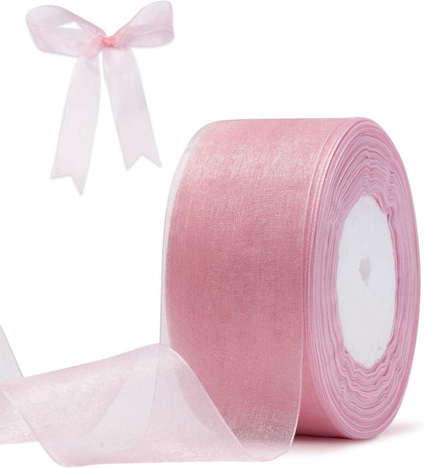 FAKILO Pink Organza Ribbon for Gift Wrapping, 2 Inch Shimmer Sheer Ribbon for Bouquet, Wedding, Christmas - 50 Yards