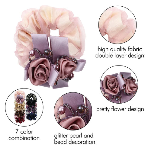 inSowni 7 Pack Sparkly Crystals Pearls Rose Flower Lace Hair Scrunchies, Fancy Decorative Accessories for Women Girls