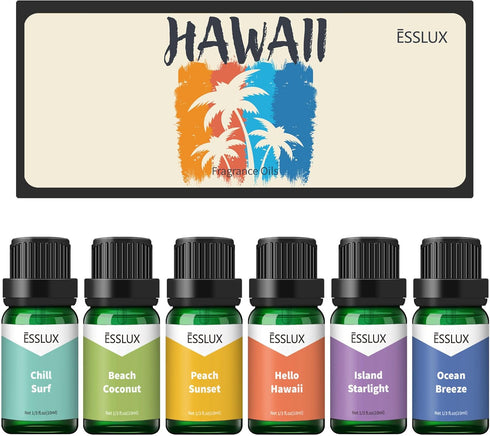 ESSLUX Fragrance Oil Set - Hawaii Scented Oils for Candle Making, Soap Making, and Diffuser Fresh Scents - 6x10ml.