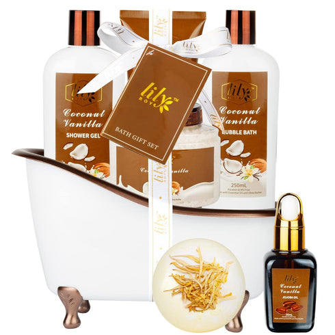 Spa Gift Tub Baskets Set for Women, Coconut Vanilla Bath and Body Sets