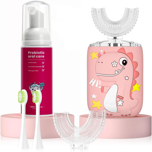 Kids U Shaped Electric Toothbrush, Toddler Toothbrush with 2 Brush Heads & 6 Cleaning Modes (Pink)