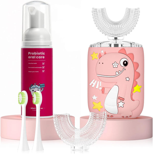 Kids U Shaped Electric Toothbrush, Toddler Toothbrush with 2 Brush Heads & 6 Cleaning Modes (Pink)