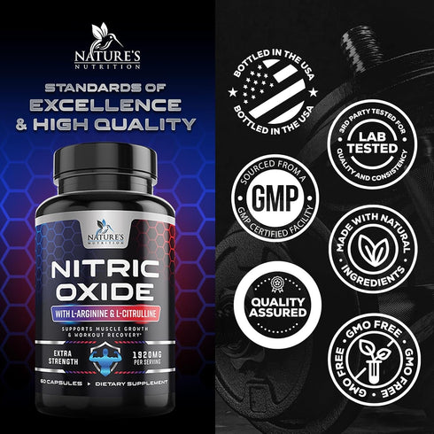 Extra Strength Nitric Oxide Supplement, L Arginine 3X Strength, Citrulline Malate, 60 Capsules