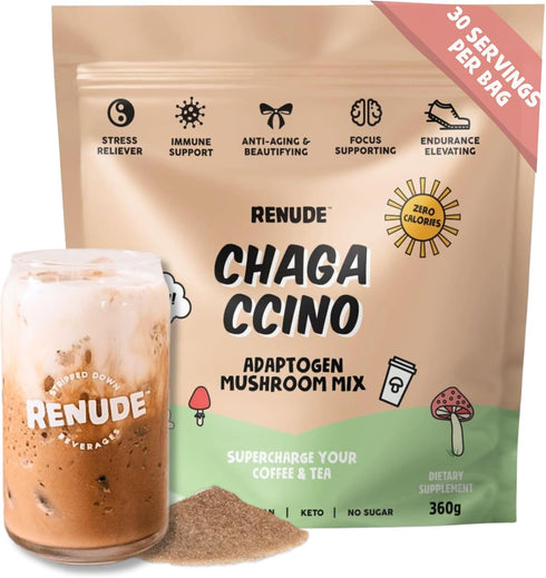 Renude Chagaccino - Wild-Foraged Chaga Mushroom Coffee Powder, Adaptogen Energy Boost, Natural Beauty & Immune Support,
