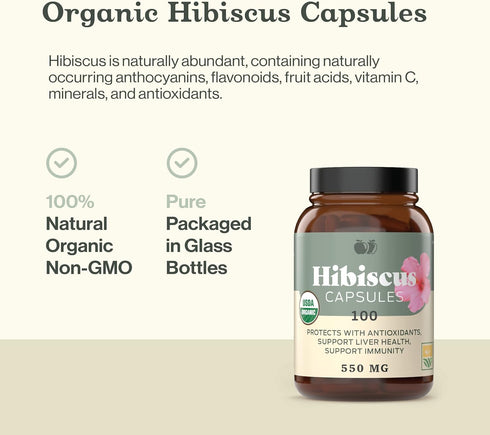 Complete Natural Products Organic Hibiscus Capsules, 100 Count, 550mg, Antioxidant & Herbal