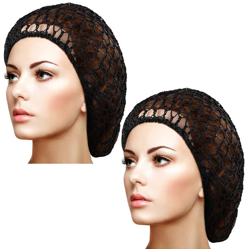 Waydress 2 Pieces Rayon Knit Mesh Hair Net Snood, Crocheted Sleep Cap for Women (Black)