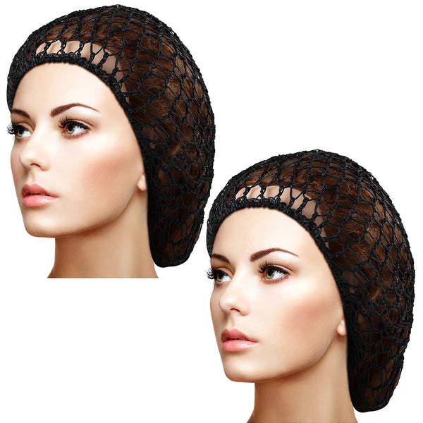 Waydress 2 Pieces Rayon Knit Mesh Hair Net Snood, Crocheted Sleep Cap for Women (Black)