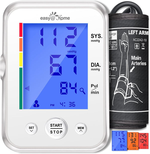 Blood Pressure Monitor for Home Use: Easy@Home Upper Arm BP Machine with Large Cuff and 3-Color Backlit Display