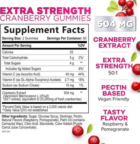 Cranberry Gummies - Urinary Tract Health Gummy + Vitamin C - 25,000mg - Triple Strength Cranberry Concentrate Extract Supplement Pills, Ultimate Potency, Non-GMO, Gluten Free - 60 Gummies