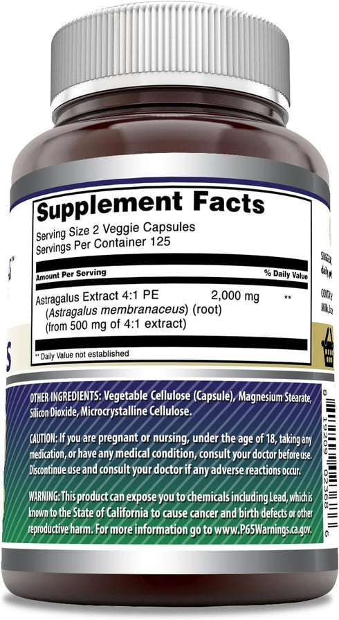 Amazing Formulas Astragalus 2000 mg Per Serving Capsules Supplement | Made from Pure Astragalus Membranaceus Plant Root Extract | Non-GMO | Gluten Free (250 Count)