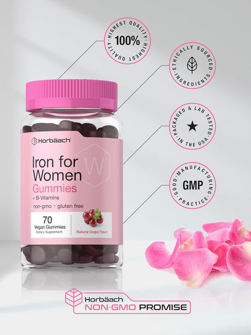 Horbaeach Iron Gummies for Women | Supplement with B Vitamins, Grape Flavor, Vegan, Non-GMO & Gluten Free (70 Count)