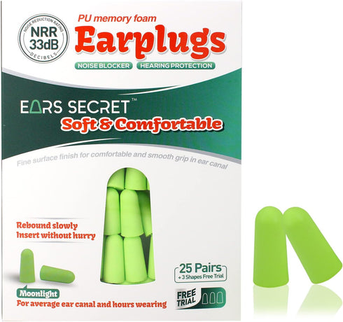 EARS SECRET Foam Ear Plugs for Sleeping, 25+3 Pairs, 38dB Comfortable Noise Cancelling for Travel, Snoring, Concert &