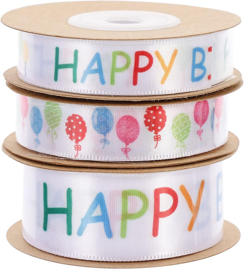 3 Rolls Happy Birthday Satin Ribbon, Wide Ribbon for Party Decoration, Balloons Wrapping