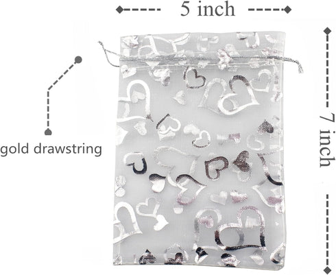 QIANHAILIZZ 5 x 7 Inch 100 pcs Heart Flower Organza Jewelry Gift Pouch, Candy Pouch Drawstring Wedding Favor Bags