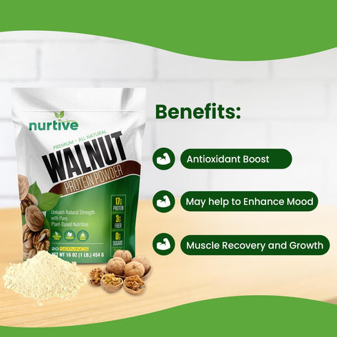 Walnut Protein Powder, 16 oz, Rich in Omega-3, Plant-Based Protein, Gluten Free, Vegan